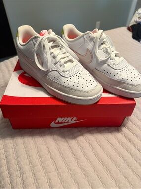 Nike White Court Vision Sneakers with Pink Swoosh and Lime green Heel Tab